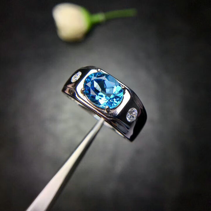 ck施华洛世奇锆轻奢珠宝蓝托帕石戒指时尚简约蓝宝石水晶男戒开口情人