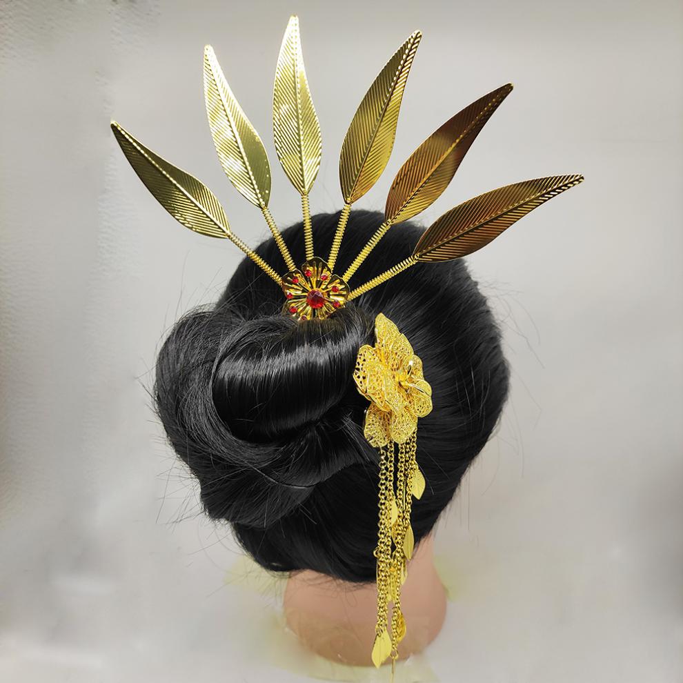 傣族发簪 傣族金色镶钻舞蹈头饰泰国民族风镂空树叶发簪子配饰百搭