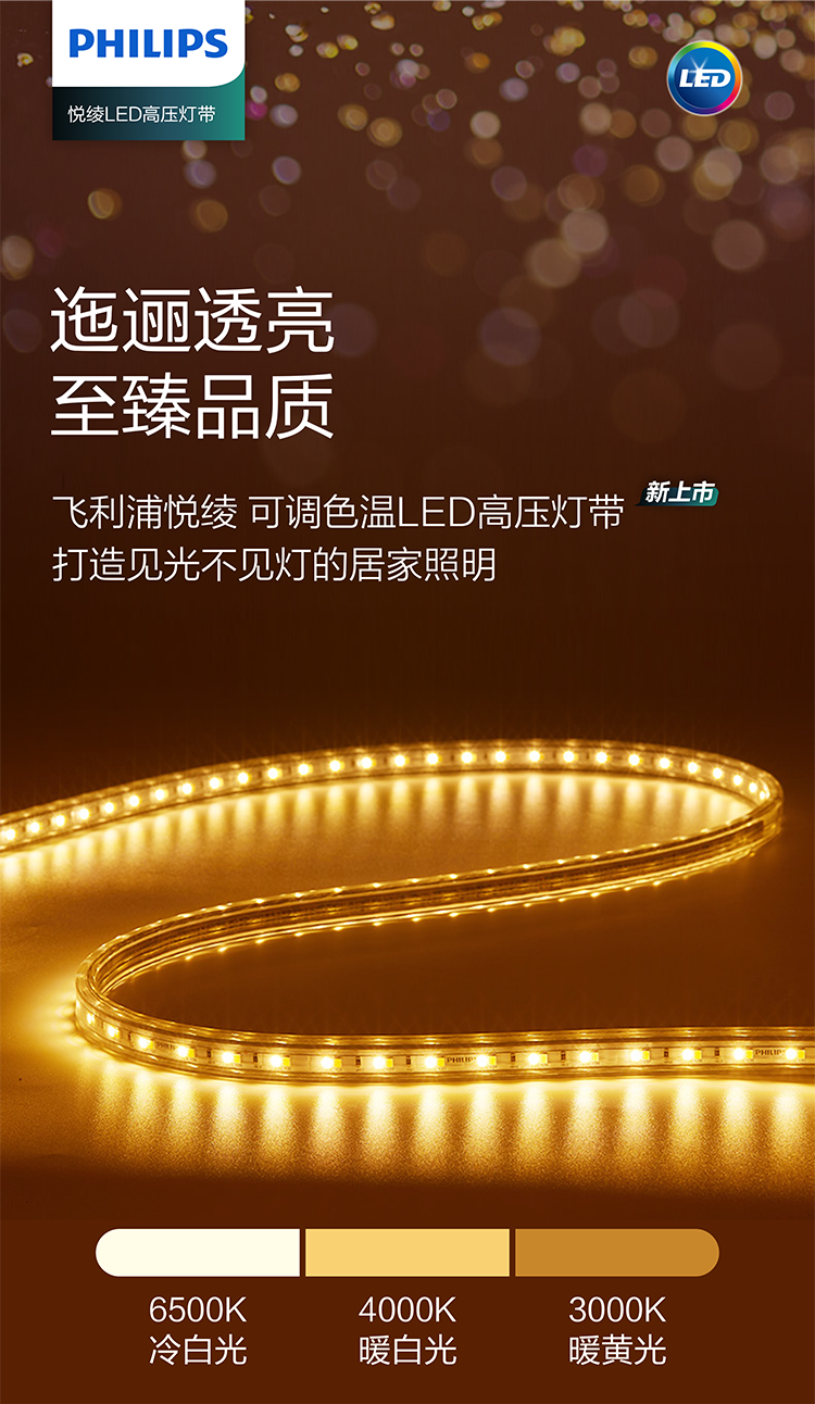 京閃速送飛利浦led燈帶家用吊頂三色變色燈條220v戶外超亮防水裝飾