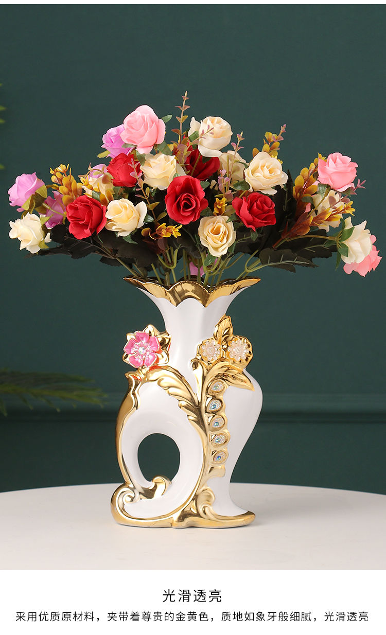 花瓶摆件干花仿真花插花电视柜卧室客厅现代简约装饰品带2束红玫瑰10