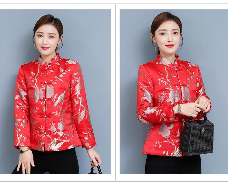 棉袄年轻秋冬装新款复古唐装加厚棉衣外套旗袍礼服红色缎面提花l105