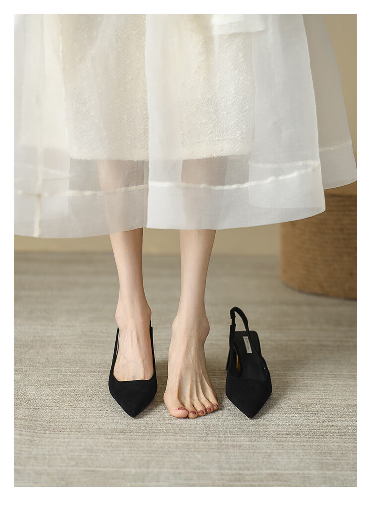 fxso方巷单鞋女2022年夏季新款简约尖头后空高跟粗跟包头凉鞋女 鞋子