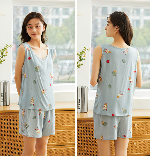 人造棉套装年轻人可外穿棉绸睡衣女夏天套装人造棉家居服薄款无袖短裤