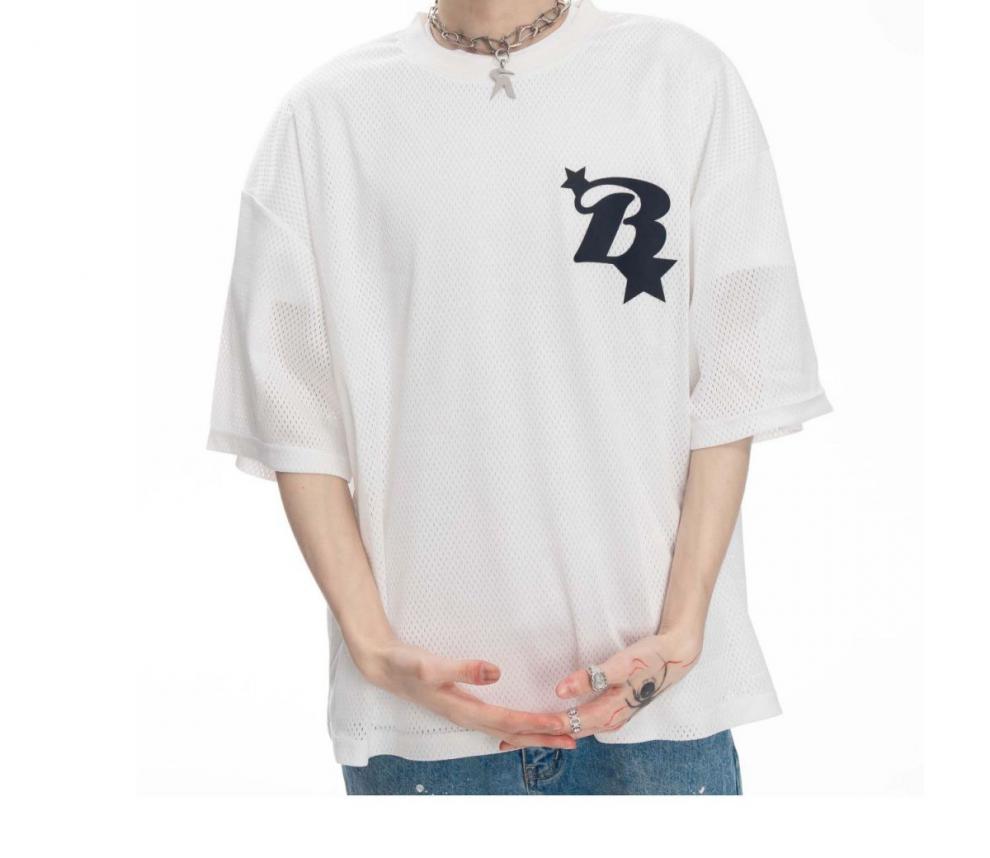 bipolar短袖bipolar星星字体网眼t恤宽肩简约美式街头夏季宽松圆领t