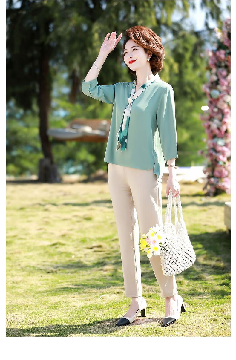 50岁左右的高档女夏装妈妈春装洋气雪纺t恤中年女气质母亲节上衣服中