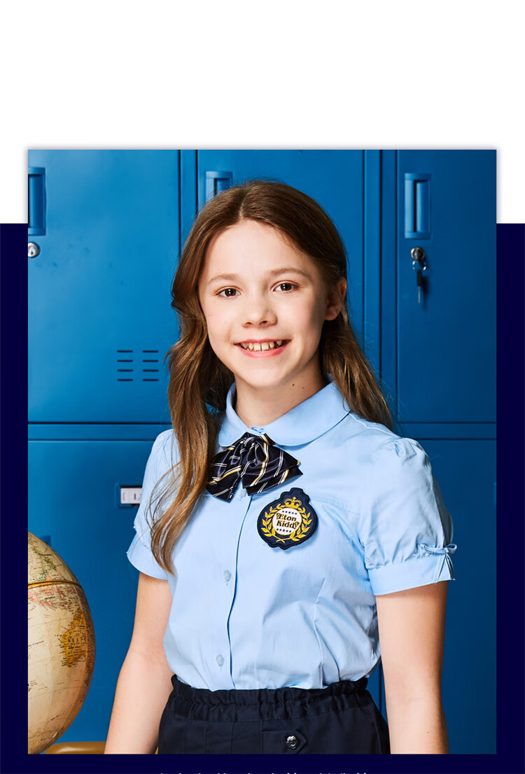 桢译伊顿纪德校服夏季儿童校服女童短袖白色衬衫英伦小学生蓝色半袖