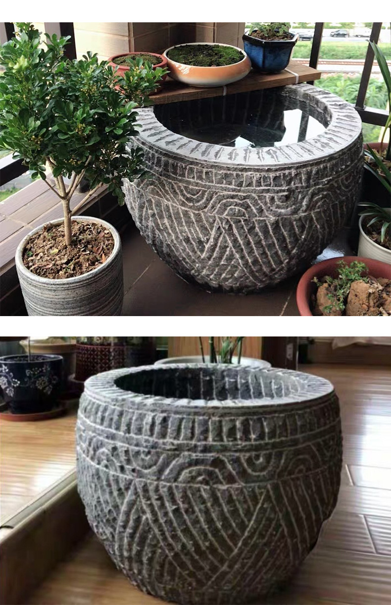 纤雅洁石雕鱼缸青石花盆仿古水缸手工石盆庭院石缸石头圆缸定做养鱼