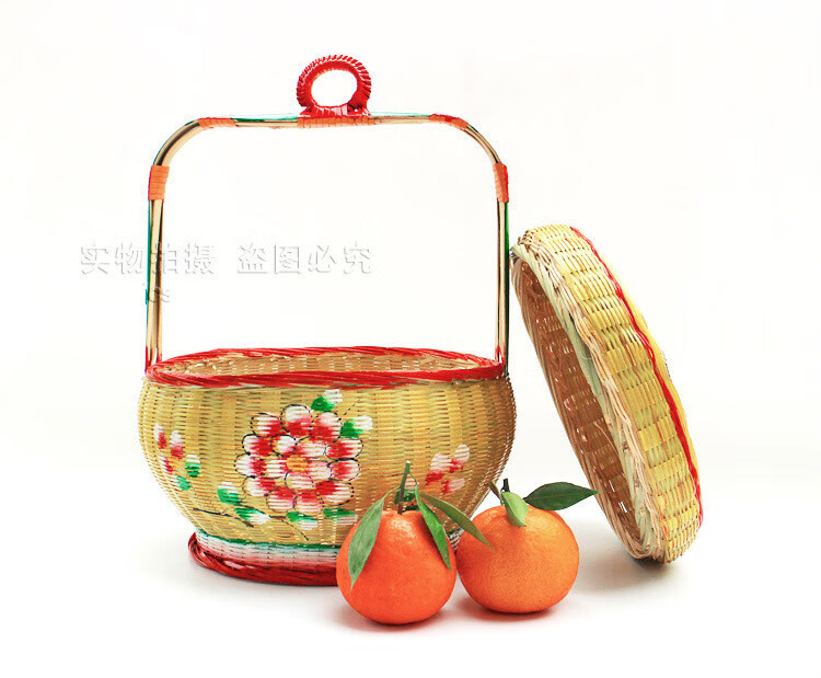 潮汕结婚花篮 阿舅提灯油竹篮子 手编竹花篮 手提喜糖篮子 总高45cm