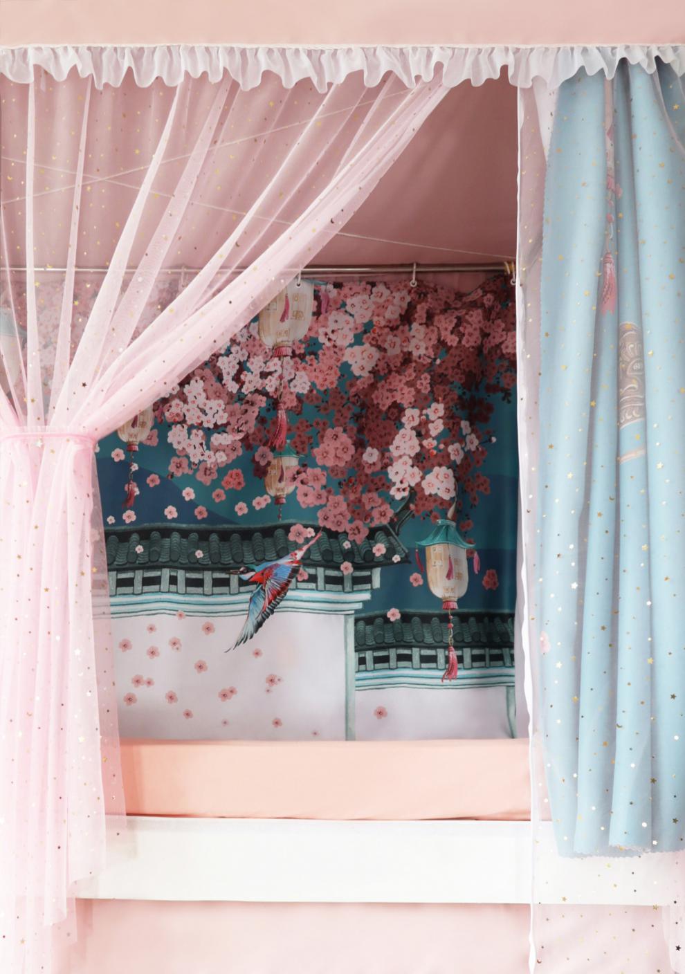 古风中式中国风樱花日式学生宿舍上铺下铺遮光床幔床帘蚊帐一体式樱花