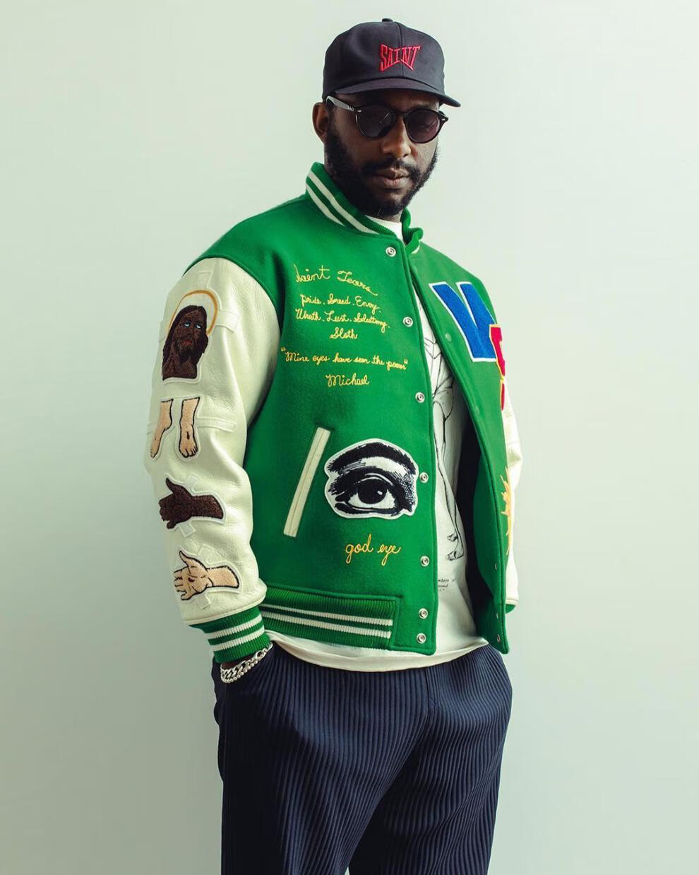 saint michael美式休闲宽松贴布刺绣飞行棒球夹克白敬亭同款外套 绿色