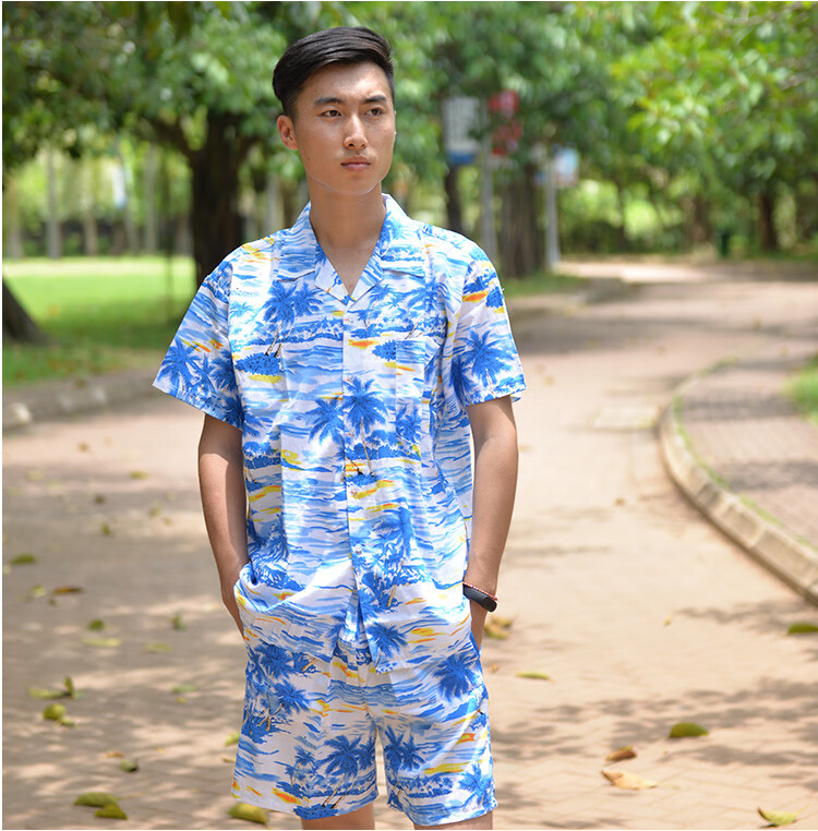 沙滩服男夏威夷衬衫海南岛服情侣旅游椰树套装色织布短袖速干服 鲨鱼