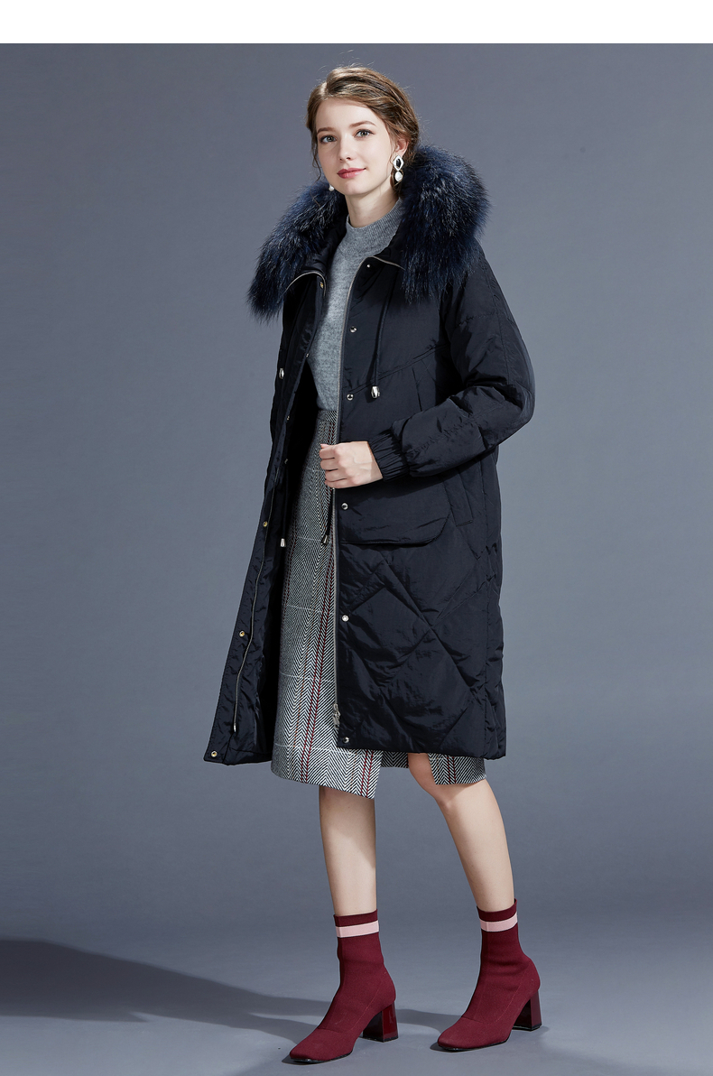 恒源祥秋冬新款过膝中长款羽绒服女士大毛领连帽保暖宽松外套 3号兰色