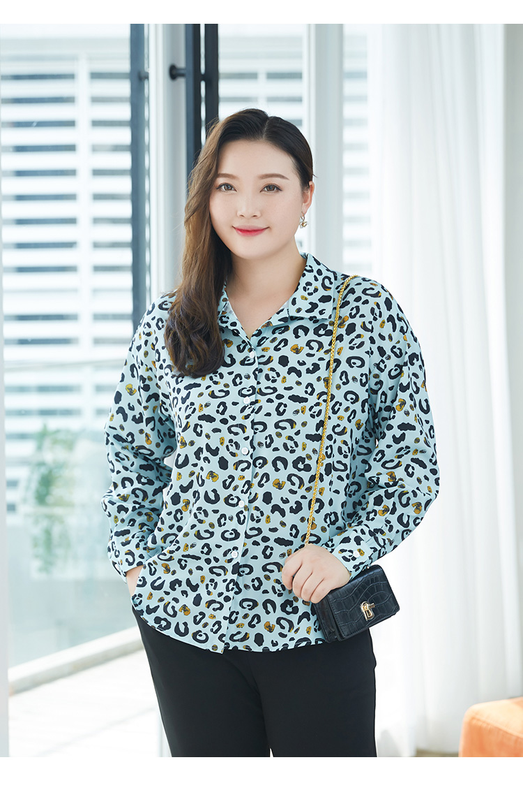 纤麦大码女装长袖雪纺衬衫女新款秋装时尚豹纹衬衫胖mm休闲百搭印花