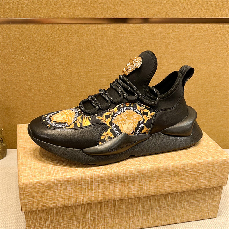 欧洲站高品质头层牛皮美杜莎男鞋潮牌时尚印花休闲运动鞋系带跑步鞋男