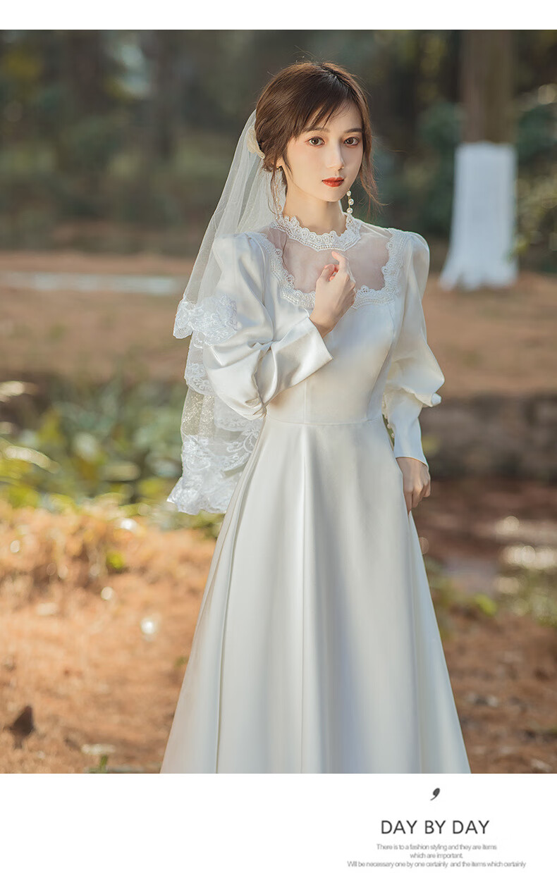 小白裙领证登记连衣裙复古法式轻婚纱缎面小个子礼服日常订婚白色仅
