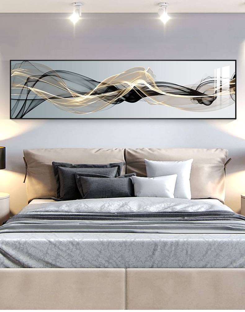 卧室装饰画男生 现代简约卧室床头装饰画抽象黑白线条挂画轻奢横主卧