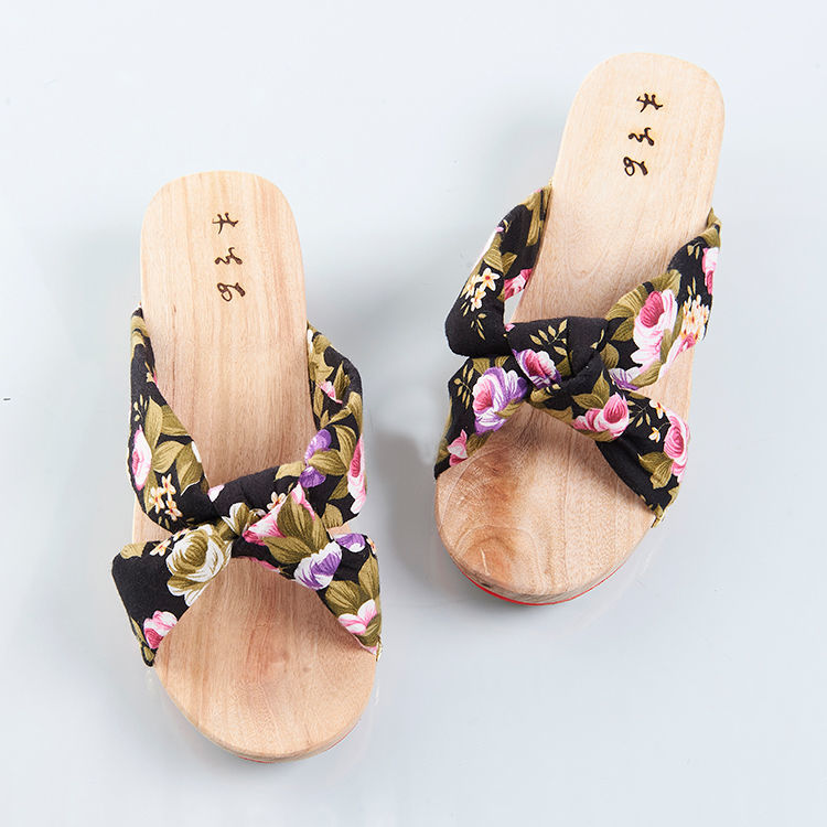 日本木屐鞋女cos日式防滑人字拖坡跟厚底凉拖鞋居家木拖鞋 1313-5黑花