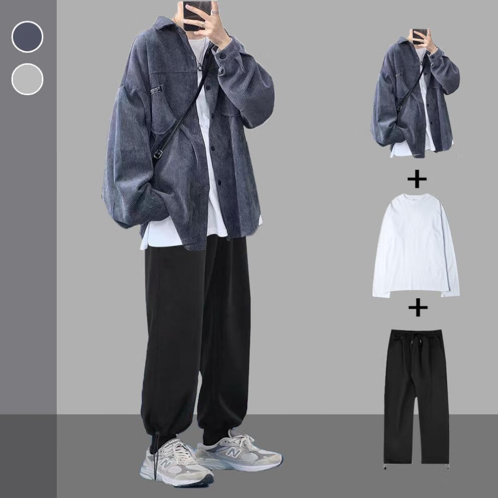 三件套男装男装套装春秋灯芯绒衬衫套装男士复古潮流外套休闲一套搭配