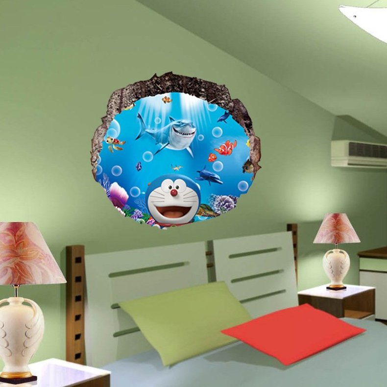 墙纸自粘哆啦a梦机器猫3d立体墙贴儿童房宿舍装饰背景墙卡通贴纸天空