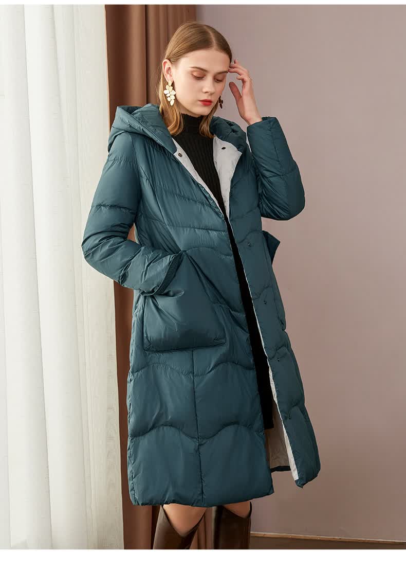 亦朵绿色轻便鹅绒长款羽绒服女过膝2022年新款品牌收腰冬季外套感 黛