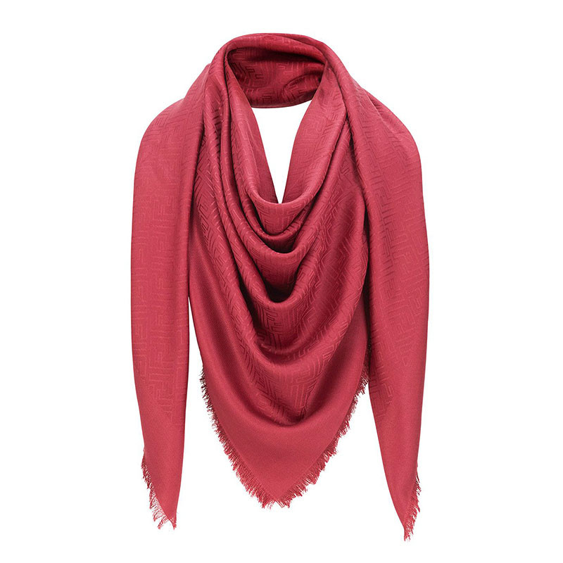 fendi芬迪女士披肩围巾丝绸羊毛混纺大方巾同色系ff 图案提花流苏边