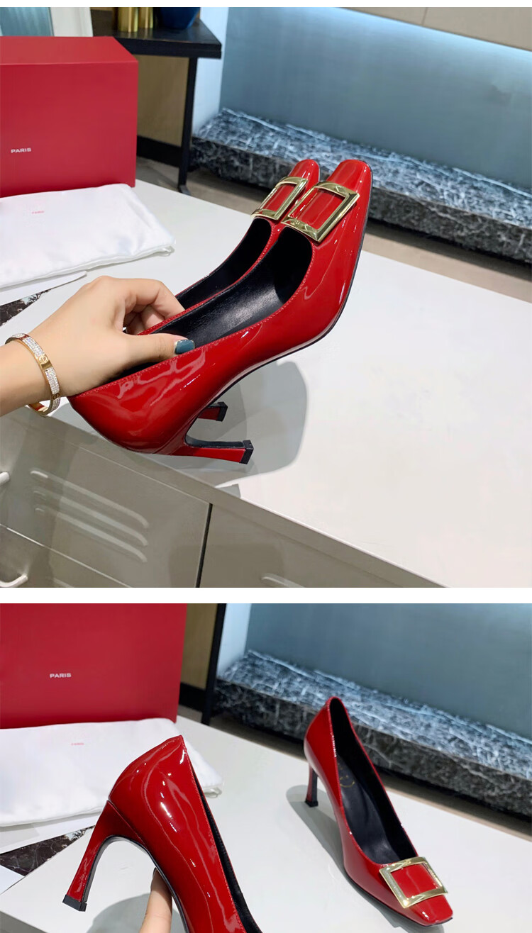 达芙妮rv方扣单鞋漆皮女鞋细跟裸色女粗跟方头法式ol通勤婚鞋百丽爱
