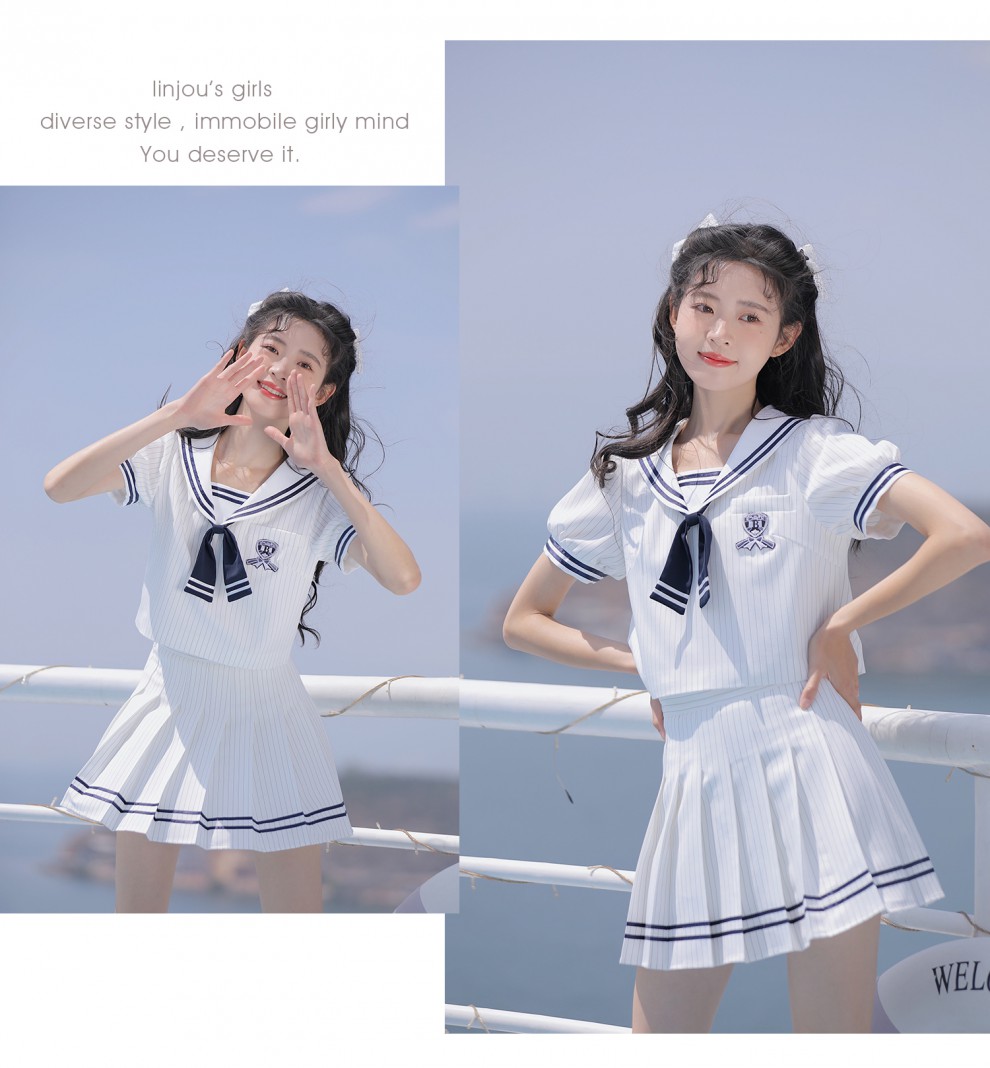 少女水手服海军风甜美套装裙日系条纹jk学院风两件白色连衣裙领带l