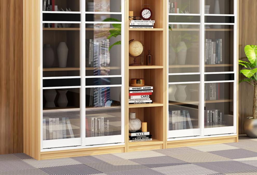 移门书柜玻璃推拉门书架组合办公文件柜落地书橱带门防尘储物柜子aba