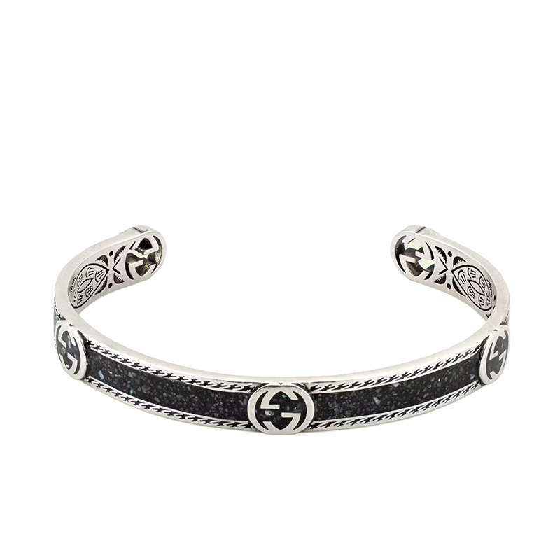【包税】gucci/古驰 22新款 男女同款互扣式双g黑色珐琅细节925银手镯
