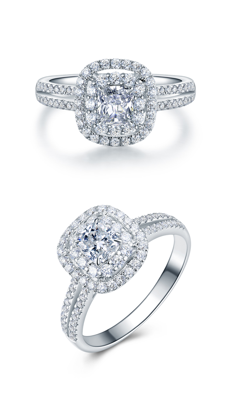 佐卡伊白18k金求婚结婚钻戒50分枕形群镶显钻设计钻石戒指女1克拉裸钻