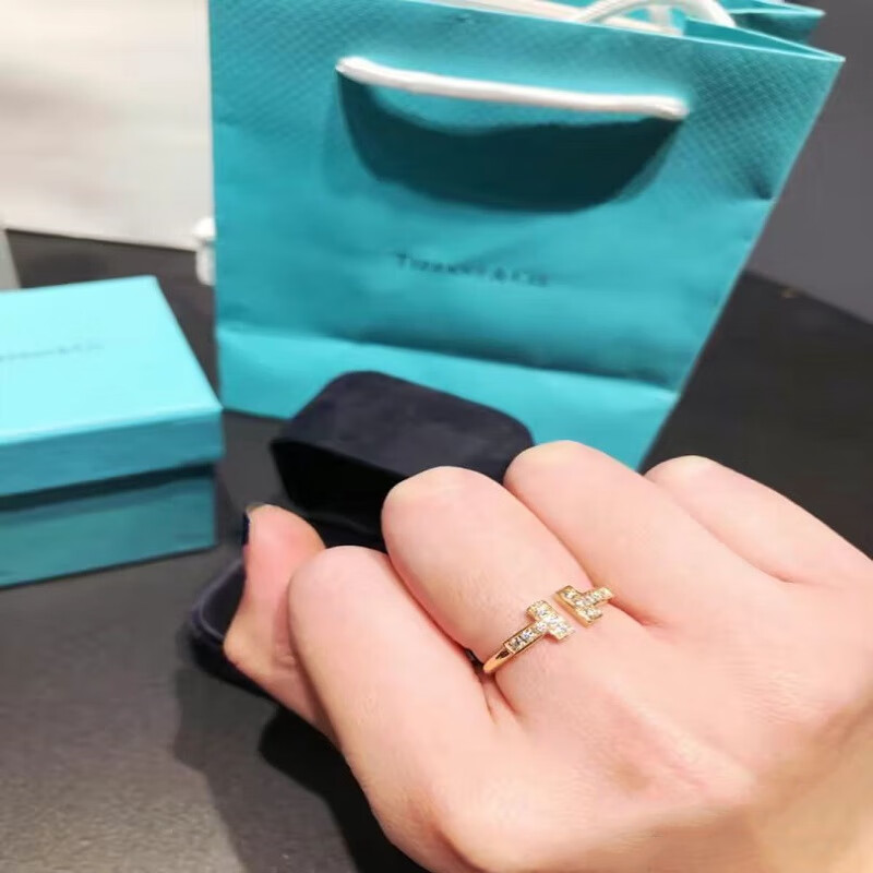 tiffany&co 蒂芙尼 t系列 镶钻线圈戒指 18k玫瑰金 送女友送老婆 18k