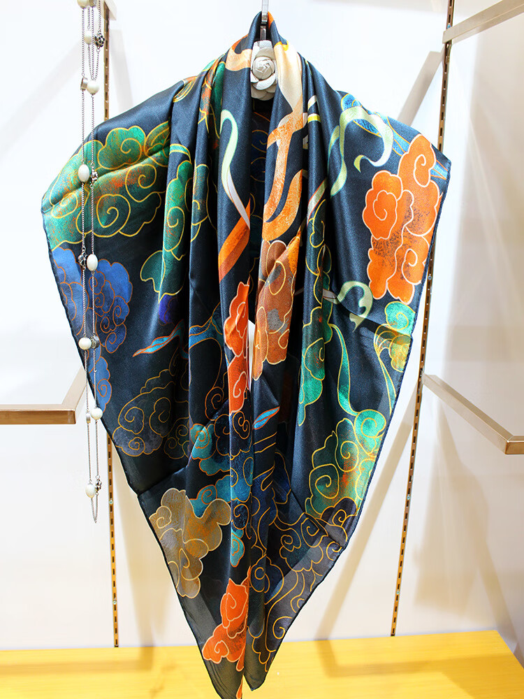 敦煌飞天祥云中国风真丝丝巾素缎110大方巾杭州礼品披肩围巾女士敦煌