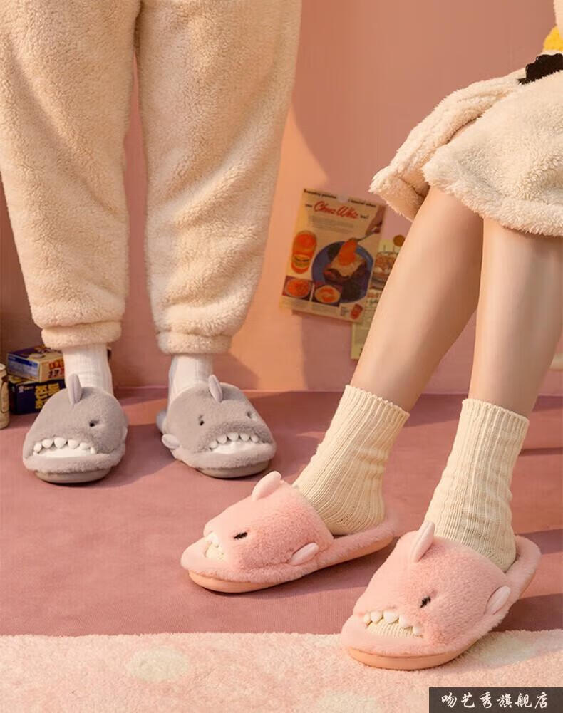 漏脚趾头露脚趾棉拖鞋女生秋冬天卡通女秋冬初中生可爱居家情侣一字
