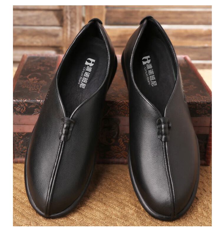 老北京圆口皮鞋男园口休闲真皮软底布鞋头层牛皮中士爸爸老人家鞋