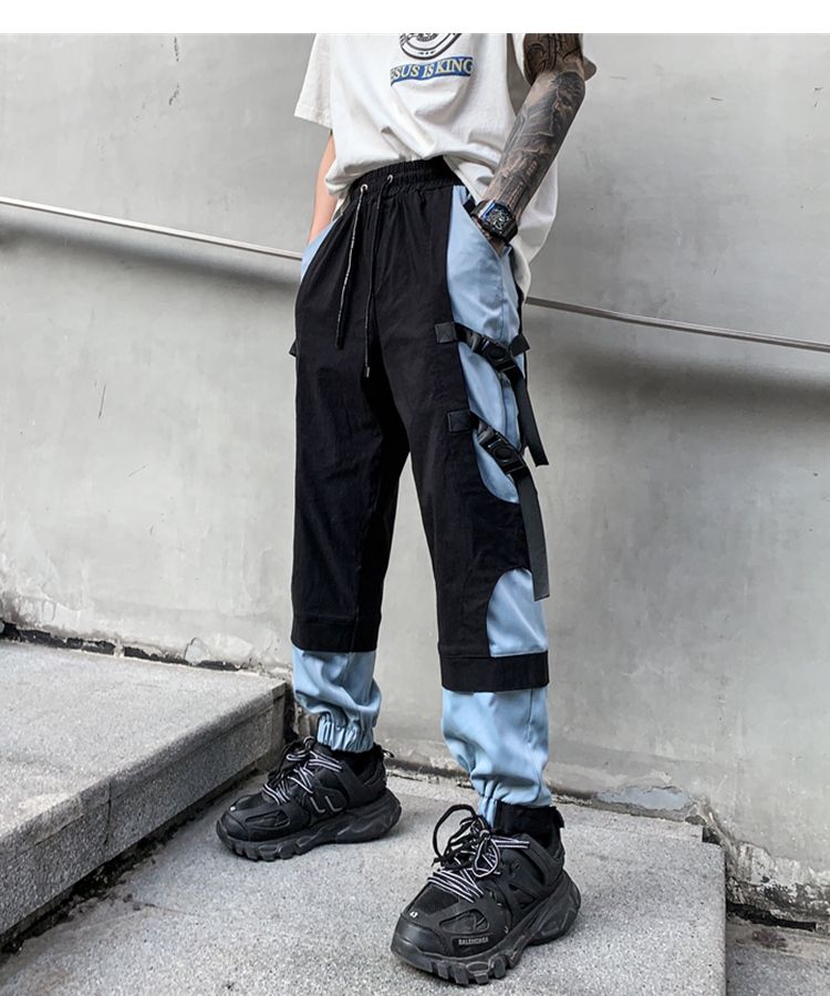 暗黑ins春夏个性拼色机能工装裤男青年宽松织带小脚休闲长裤黑色xl