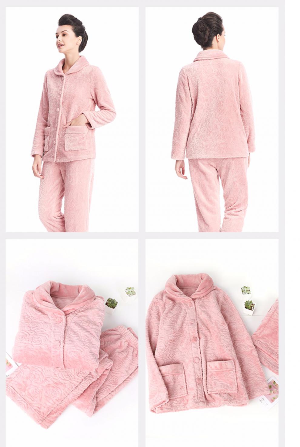 安莉芳秋冬珊瑚绒睡衣套装女士小翻领休闲可外穿家居服el00135浅粉色