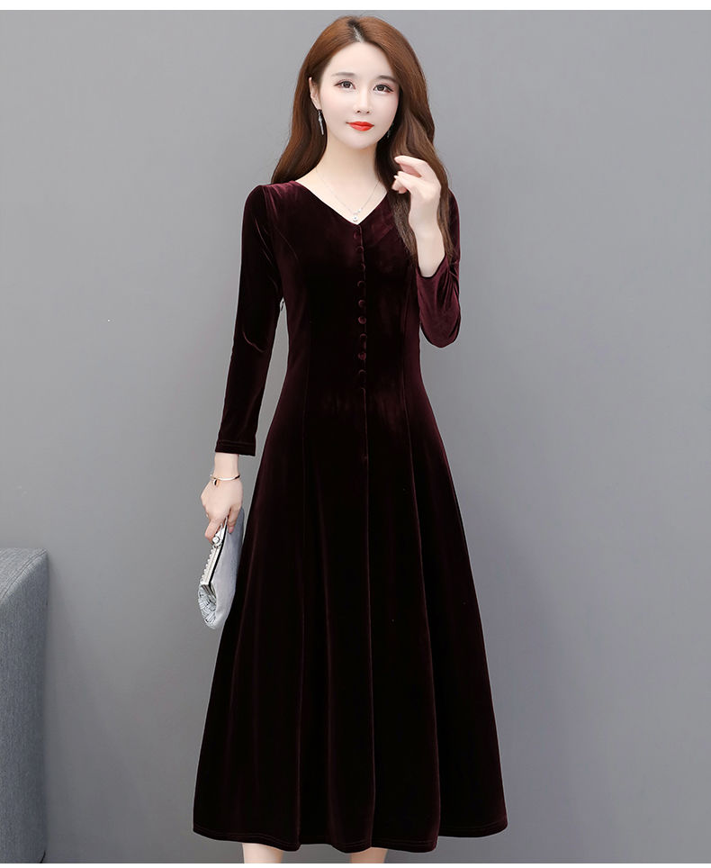 有女人味的连衣裙2019新款春秋韩版复古丝绒大码过膝长裙子 红色 l