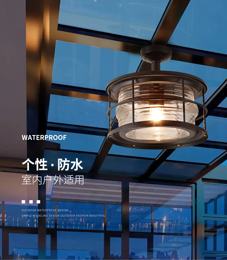 玻璃阳光房吊灯美式专用吸顶灯玻璃雨棚室内照明户外感应防水凉亭阳台