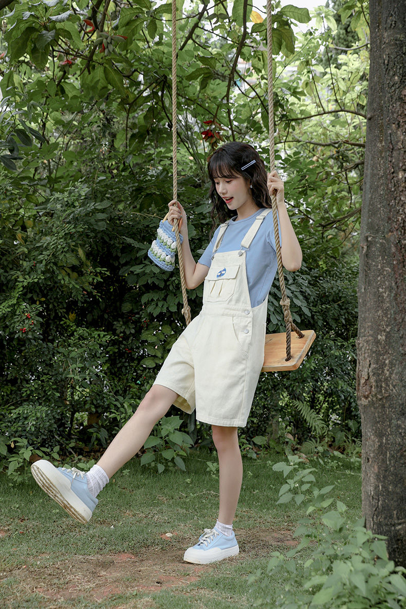 背带短裤女学生韩版宽松白色牛仔背带裤女2022夏新款刺绣五分裤甜美