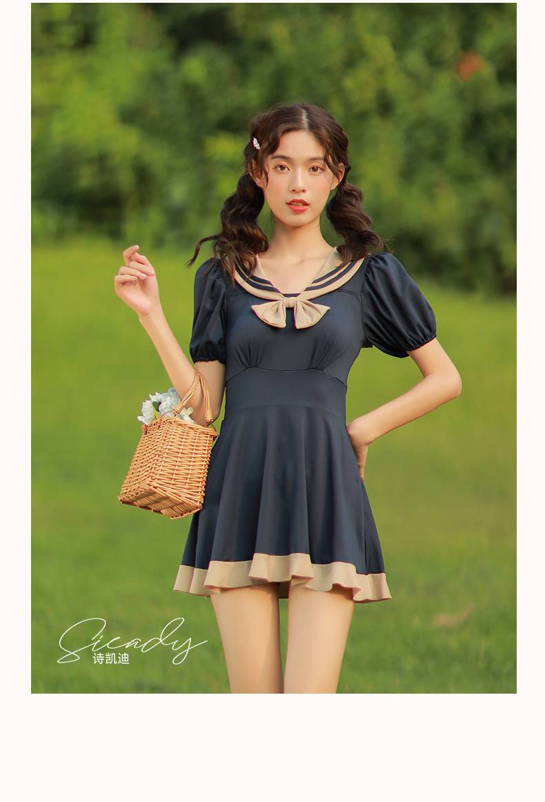 洛丽塔泳衣洛丽塔少女jk泳装水手服学院风复古显瘦遮肚温泉保守游泳衣