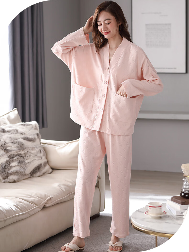 莫代尔无领睡衣女春秋款长袖棉2022年新款暖气房棉提花家居服套装薄