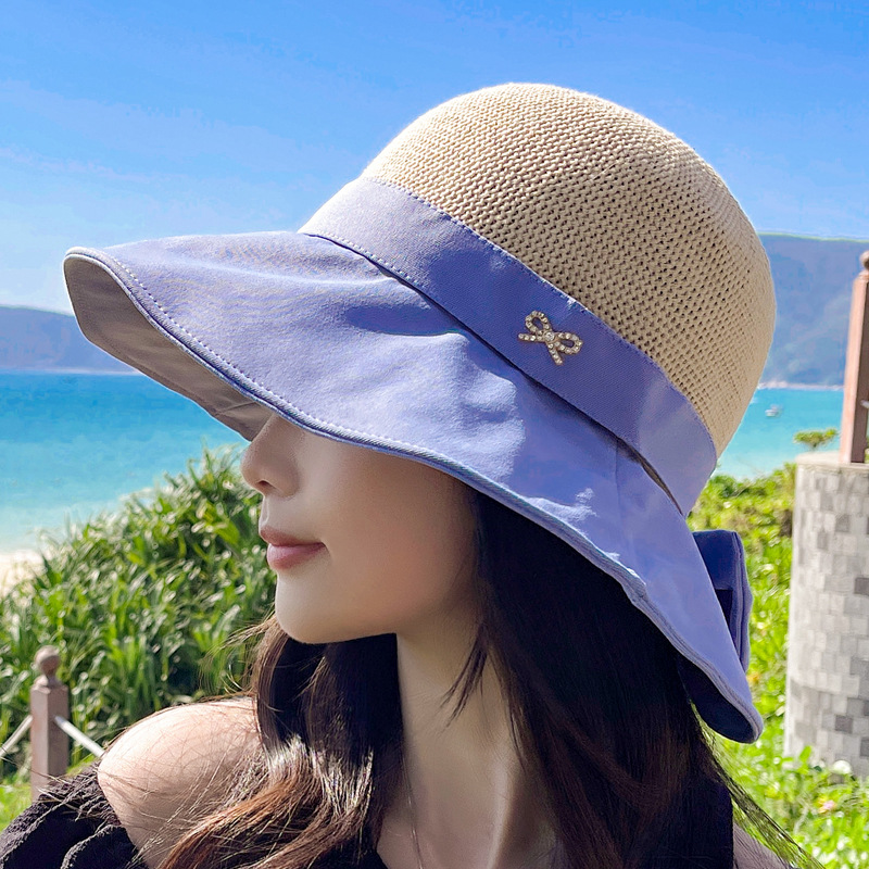 脸时尚韩版百搭防晒遮阳太阳帽女盆帽素颜潮班彼凡蓝色5558cm有防风绳
