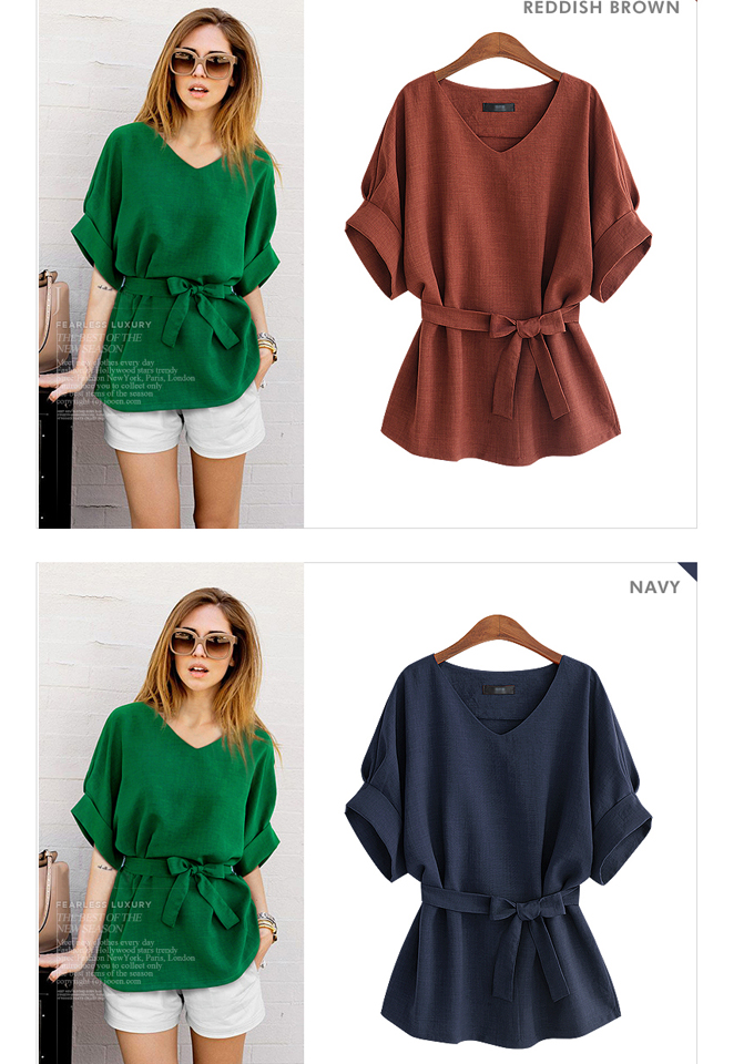 蝙蝠袖t恤女短袖t恤女宽松设计感打底上衣腰带 欧美女装v领短袖蝙蝠袖