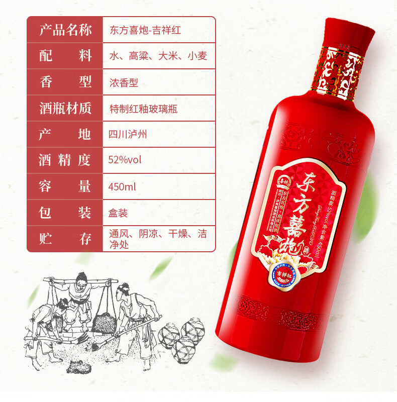 东方喜炮酒52度吉祥红东方喜炮吉祥红浓香型白酒送礼礼盒装酒水泸州