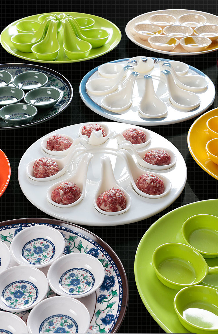 密胺火锅店餐具商用虾滑装盘牛肉丸鱼丸鱼滑盘涮肉拼盘圆形塑料盘橙色