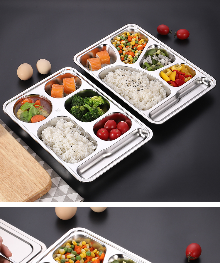 特大304不锈钢餐盘分格饭盘带盖成人快餐盘家用餐盘学生食堂餐盘 带勺
