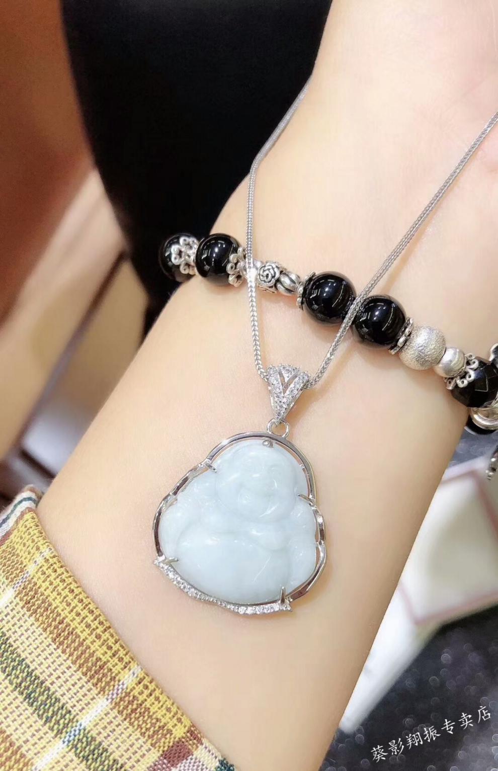 葵影(kuiying)银镶玉佛吊坠翡翠小佛吊坠款女银项链生日礼物 玉节节高