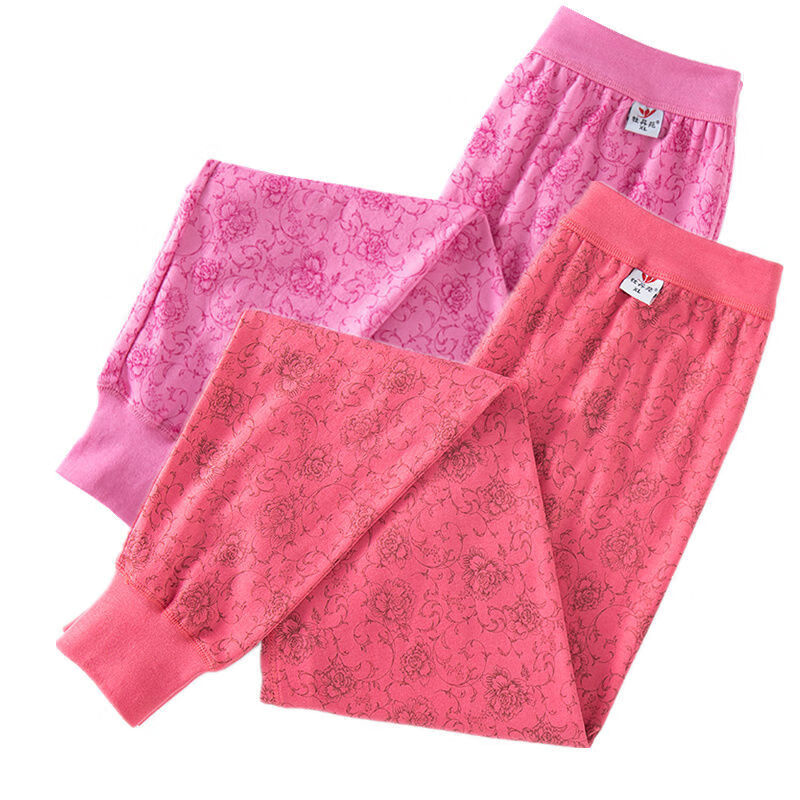 秋裤女士全棉高腰大码棉毛裤中老年保暖裤衬裤线裤女一件装f粉色牡丹