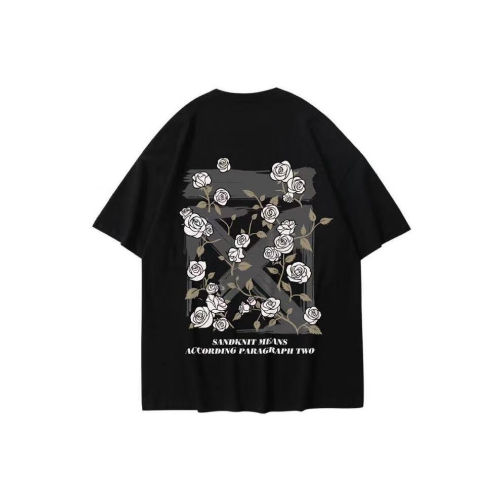 sandkni·t潮牌玫瑰花t恤男夏季纯棉重磅ins潮高街衣服情侣体恤 白色