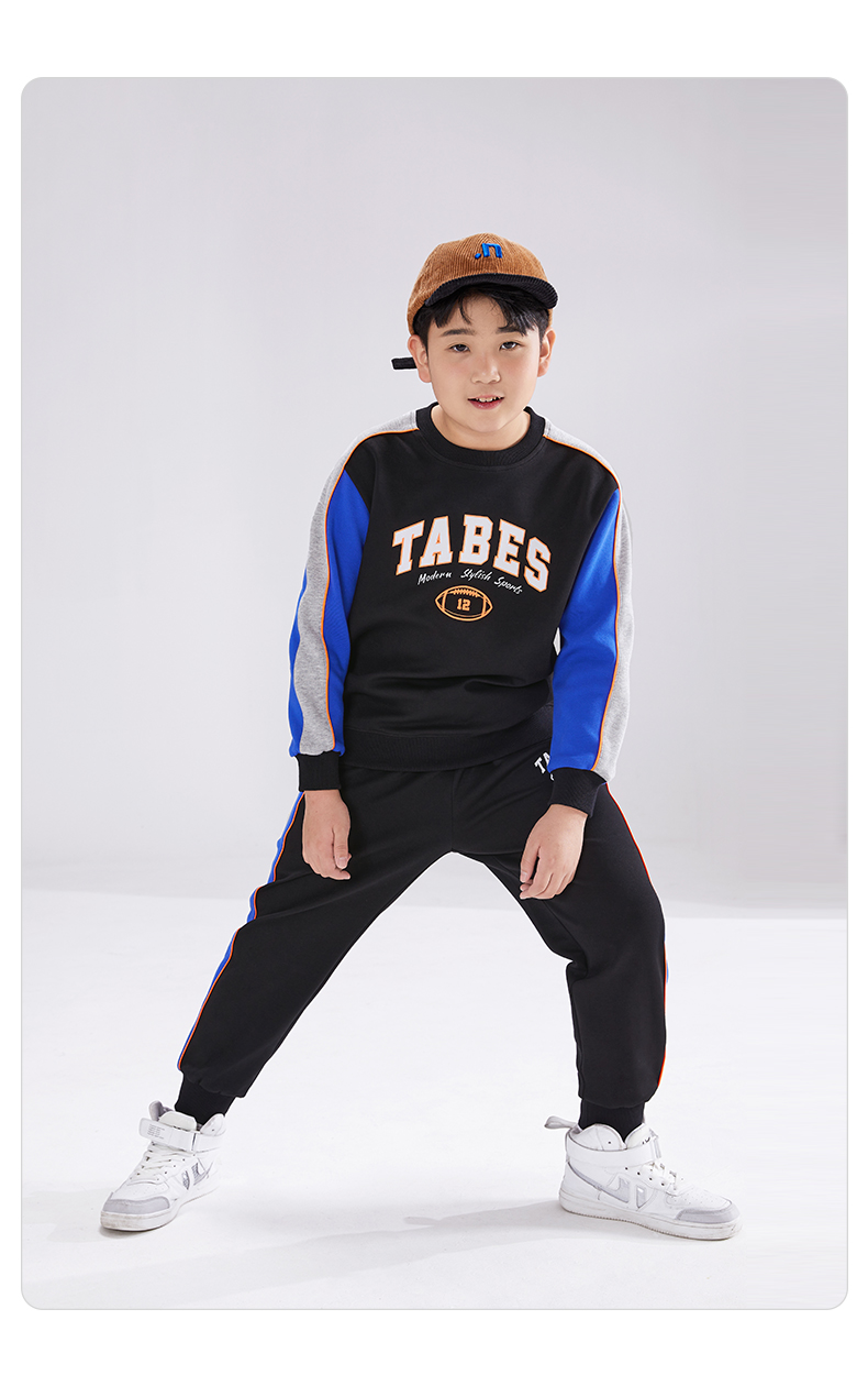 小猪托尼tabe 胖童装男童加肥加大套装小胖子男大童大码运动装潮 黑蓝